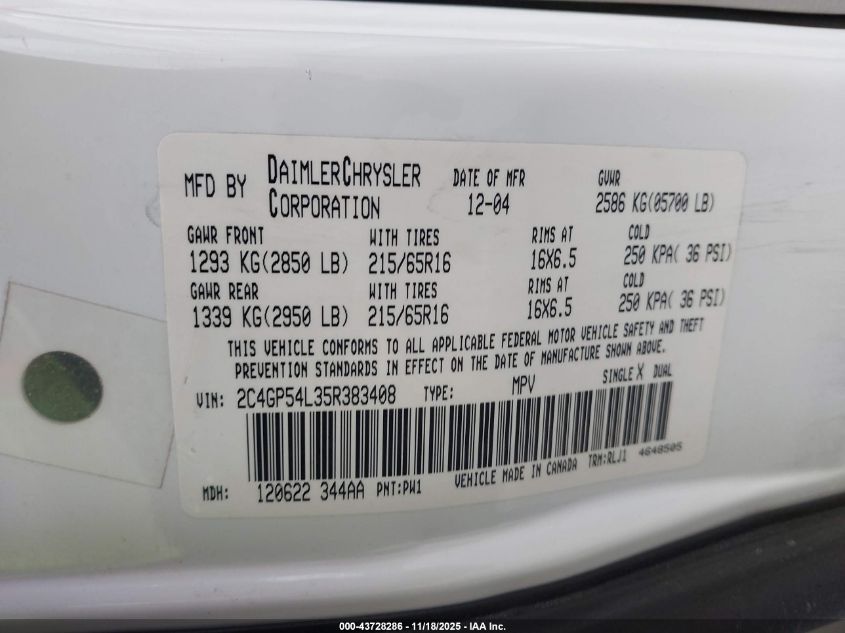 2005 Chrysler Town & Country Touring VIN: 2C4GP54L35R383408 Lot: 43728286