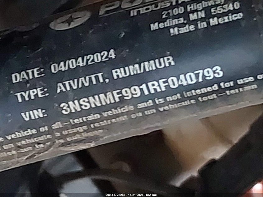2024 Polaris Rzr Xp 4 1000 Ultimate VIN: 3NSNMF991RF040793 Lot: 43728287