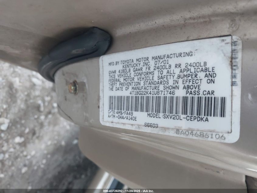 2001 Toyota Camry Ce VIN: 4T1BG22K41U871746 Lot: 43728292