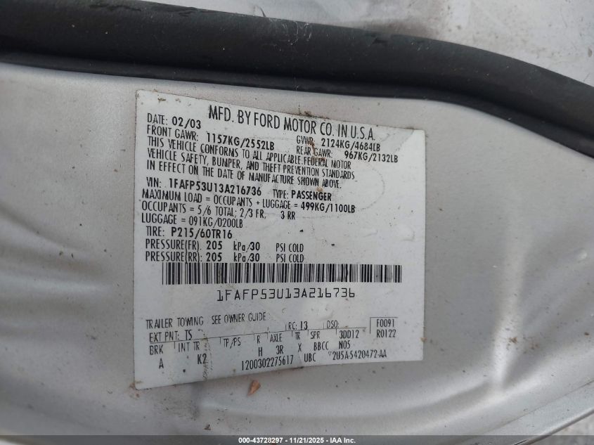 2003 Ford Taurus Se VIN: 1FAFP53U13A216736 Lot: 43728297