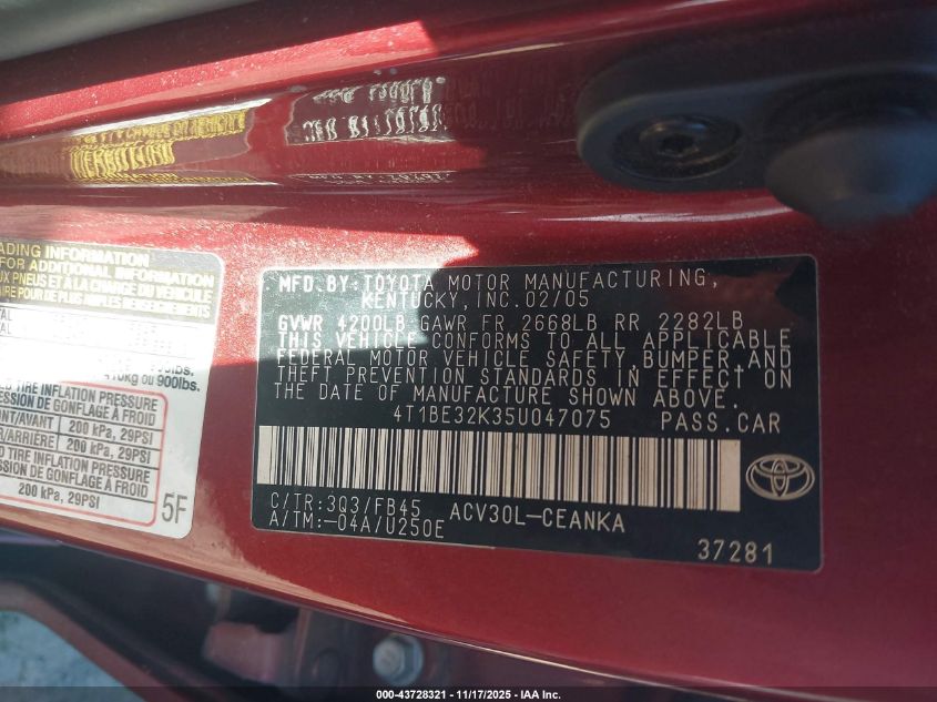 2005 Toyota Camry Le VIN: 4T1BE32K35U047075 Lot: 43728321
