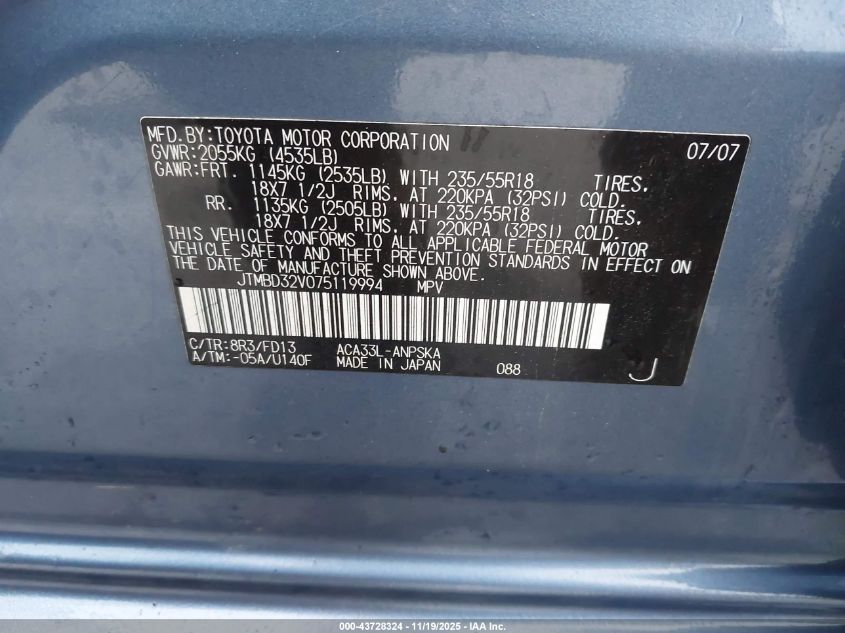 2007 Toyota Rav4 Sport VIN: JTMBD32V075119994 Lot: 43728324