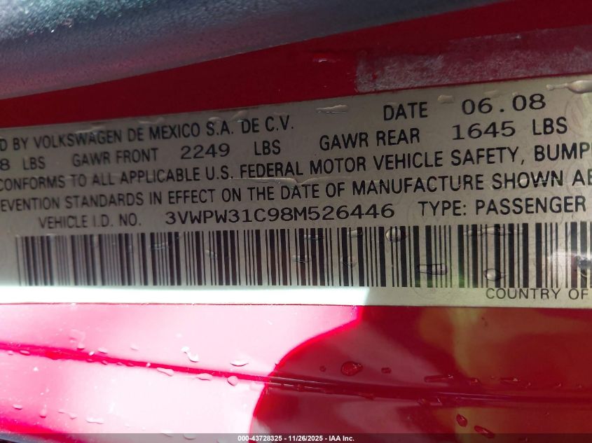 2008 Volkswagen New Beetle S VIN: 3VWPW31C98M526446 Lot: 43728325