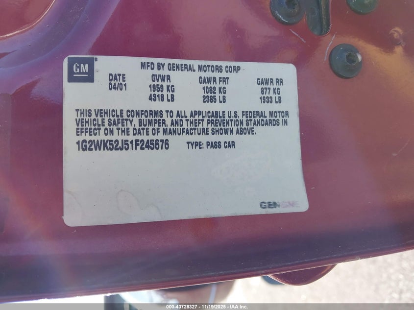 2001 Pontiac Grand Prix Se VIN: 1G2WK52J51F245676 Lot: 43728327