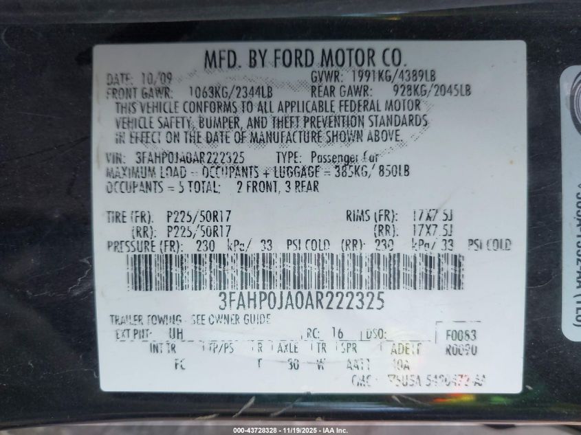 2010 Ford Fusion Sel VIN: 3FAHP0JA0AR222325 Lot: 43728328