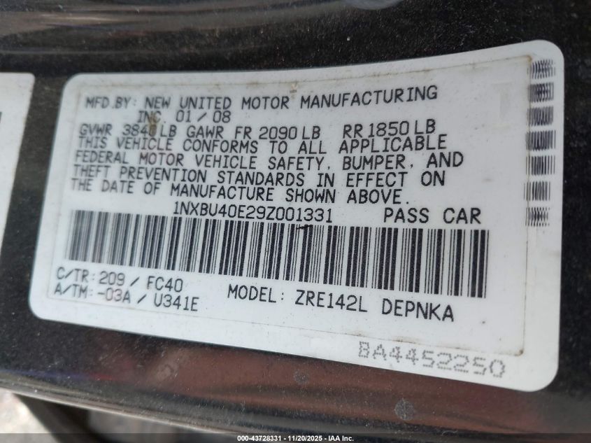 2009 Toyota Corolla Xle VIN: 1NXBU40E29Z001331 Lot: 43728331