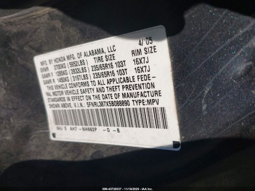 2005 Honda Odyssey Ex-L VIN: 5FNRL387X5B088890 Lot: 43728337