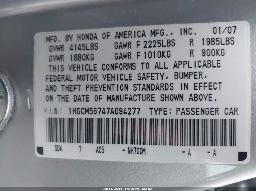 2000 Honda Accord 2.3 Se VIN: JHMCG5676YC025780 Lot: 43728340