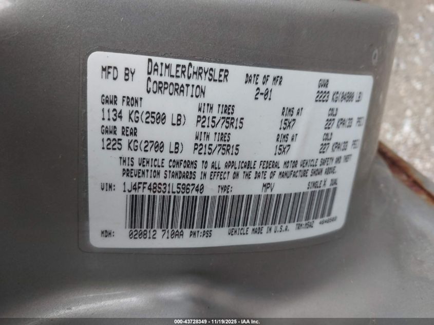 2001 Jeep Cherokee Sport VIN: 1J4FF48S31L596740 Lot: 43728349