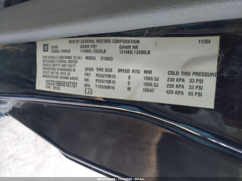 2005 Chevrolet Colorado VIN: 1GCCS198058187707 Lot: 43728356