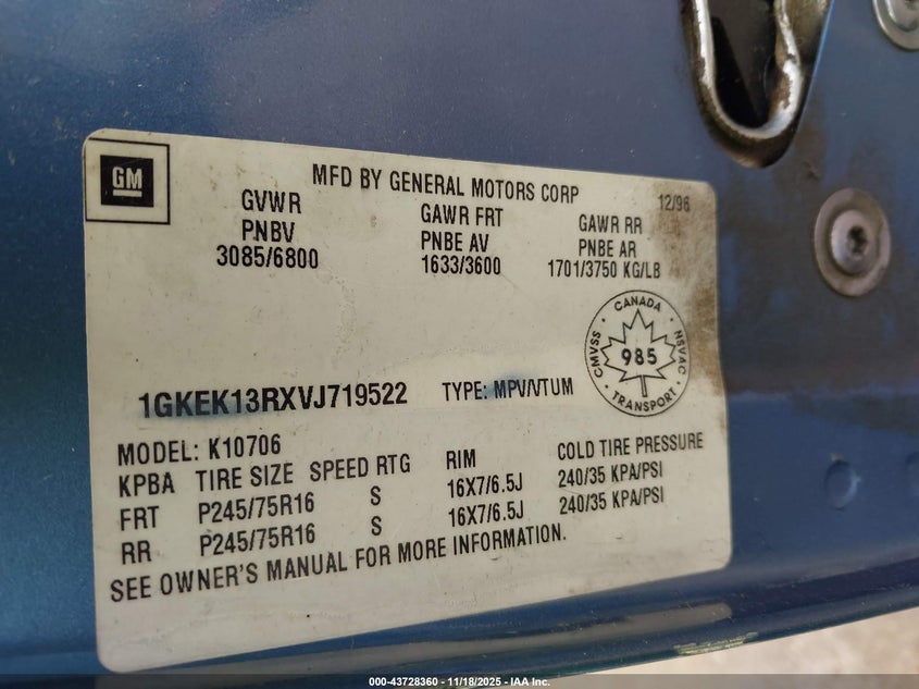 1997 GMC Yukon Sle VIN: 1GKEK13RXVJ719522 Lot: 43728360