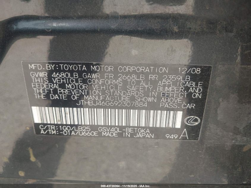 2009 Lexus Es 350 VIN: JTHBJ46G692307884 Lot: 43728364