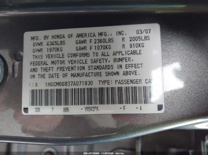 2007 Honda Accord 3.0 Ex VIN: 1HGCM66837A071930 Lot: 43728369