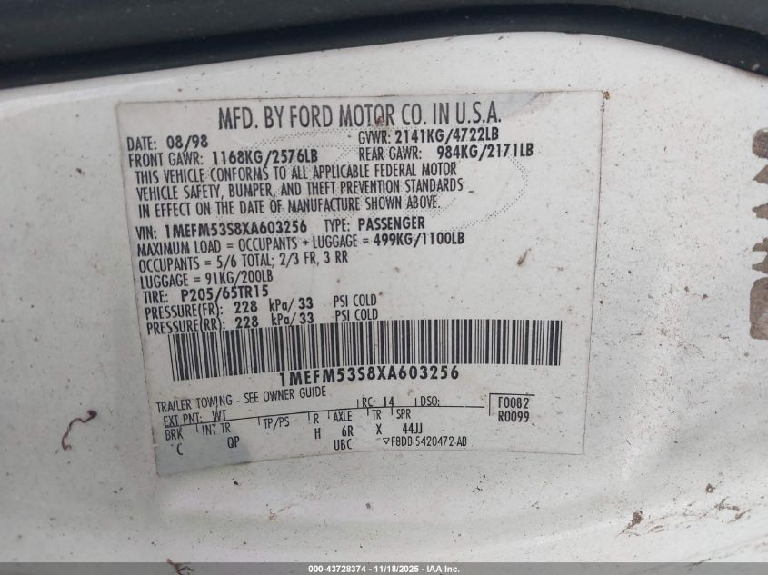 1999 Mercury Sable Ls VIN: 1MEFM53S8XA603256 Lot: 43728374