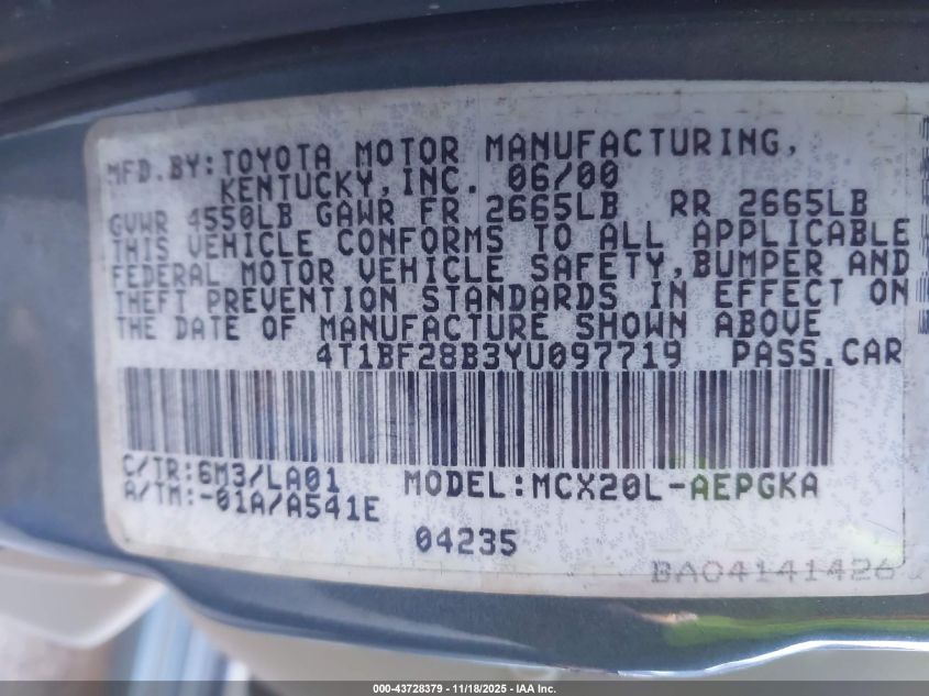 2000 Toyota Avalon Xls VIN: 4T1BF28B3YU097719 Lot: 43728379