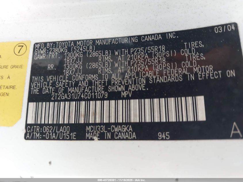 2004 Lexus Rx 330 VIN: 2T2GA31U74C011079 Lot: 43728381