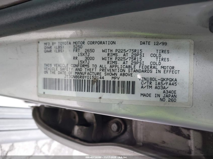 2000 Toyota 4Runner Sr5 V6 VIN: JT3GN86R8Y0152144 Lot: 43728390