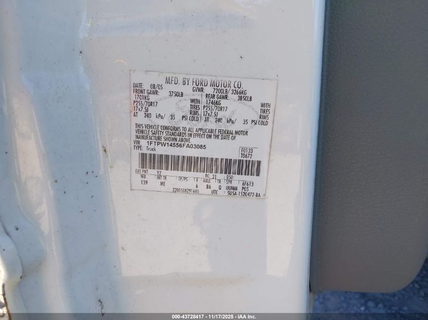 2006 Ford F-150 Fx4/Lariat/Xlt VIN: 1FTPW14556FA03085 Lot: 43728417