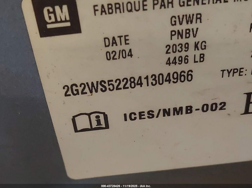 2004 Pontiac Grand Prix Gt2 VIN: 2G2WS522841304966 Lot: 43728426