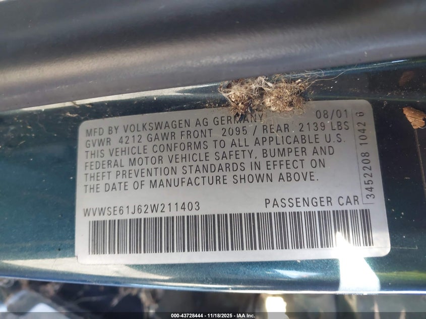 2002 Volkswagen Jetta Gls 1.8L VIN: WVWSE61J62W211403 Lot: 43728444
