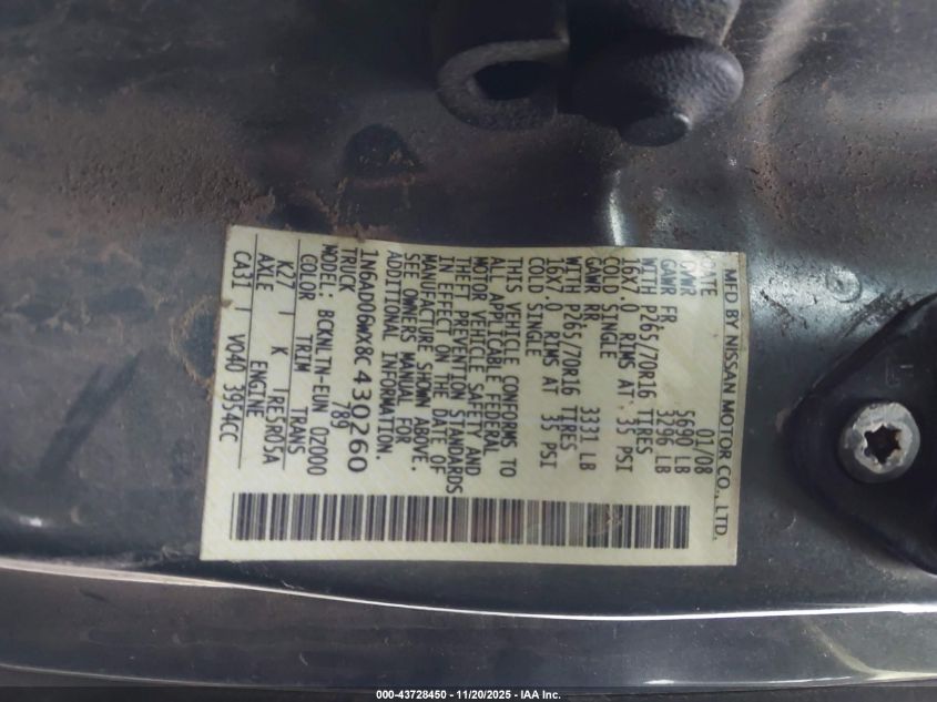 2008 Nissan Frontier Se VIN: 1N6AD06WX8C430260 Lot: 43728450