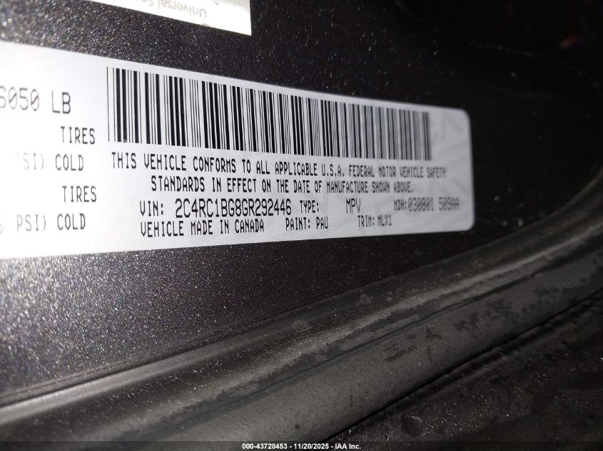 2016 Chrysler Town & Country Touring VIN: 2C4RC1BG8GR292446 Lot: 43728453