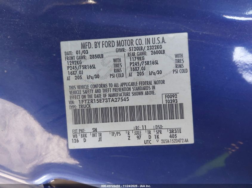 2003 Ford Ranger Xlt VIN: 1FTZR15E73TA27545 Lot: 43728456
