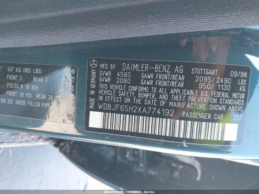 1999 Mercedes-Benz E 320 VIN: WDBJF65H2XA774192 Lot: 43728459