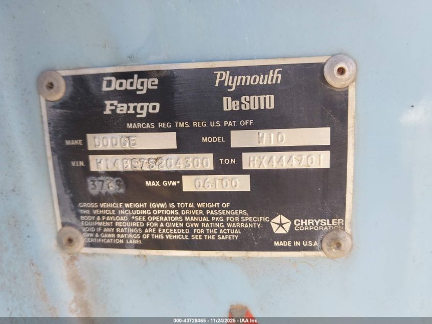 1975 Dodge D150 VIN: D27BF5S006546 Lot: 43728465