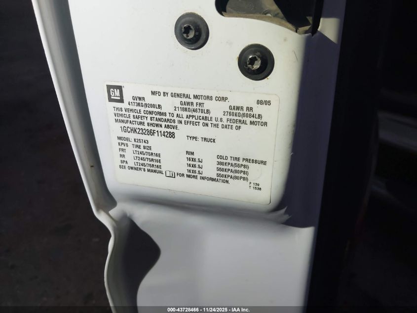 2006 Chevrolet Silverado 2500Hd Lt1 VIN: 1GCHK23286F114288 Lot: 43728466