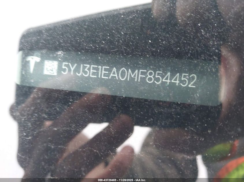 2021 Tesla Model 3 Standard Range Plus Rear-Wheel Drive VIN: 5YJ3E1EA0MF854452 Lot: 43728469