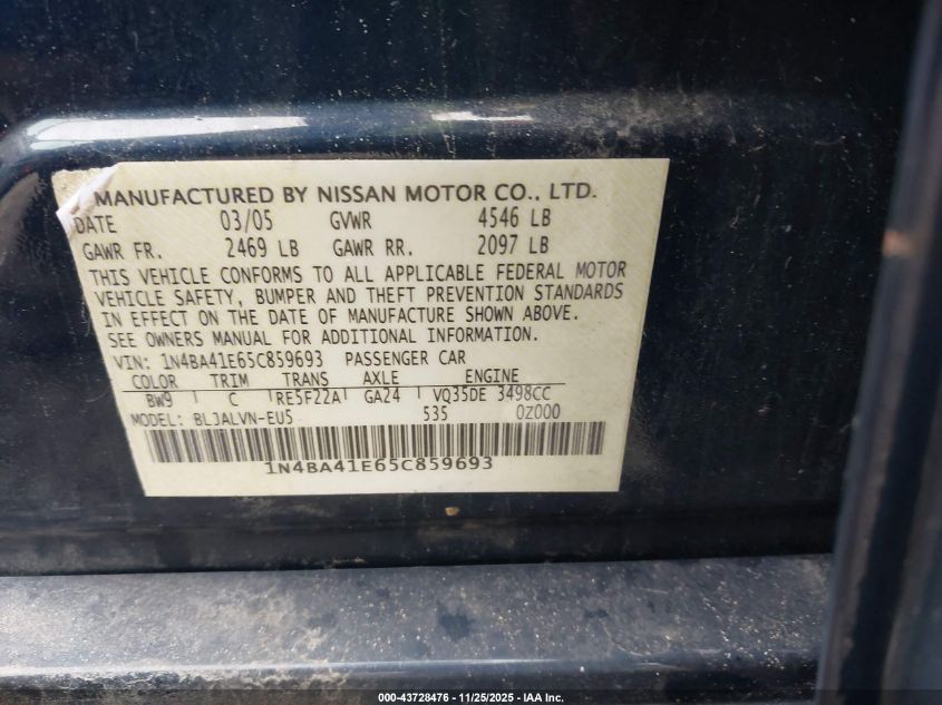 2005 Nissan Maxima 3.5 Sl VIN: 1N4BA41E65C859693 Lot: 43728476