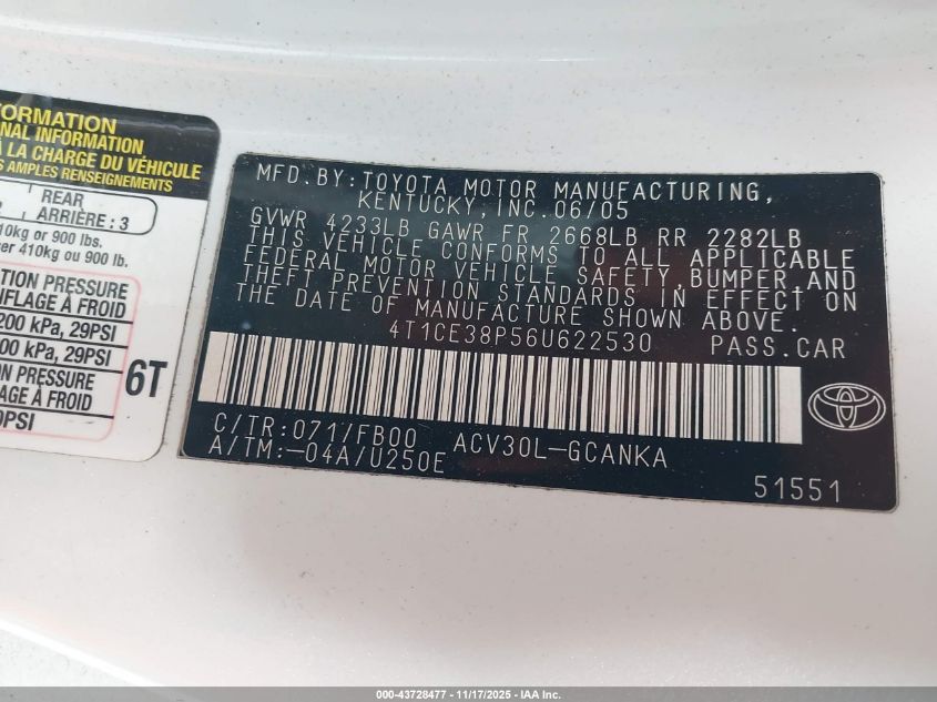 2006 Toyota Camry Solara Se VIN: 4T1CE38P56U622530 Lot: 43728477