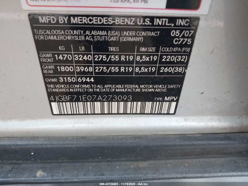 2007 Mercedes-Benz Gl 450 4Matic VIN: 4JGBF71E07A273093 Lot: 43728483
