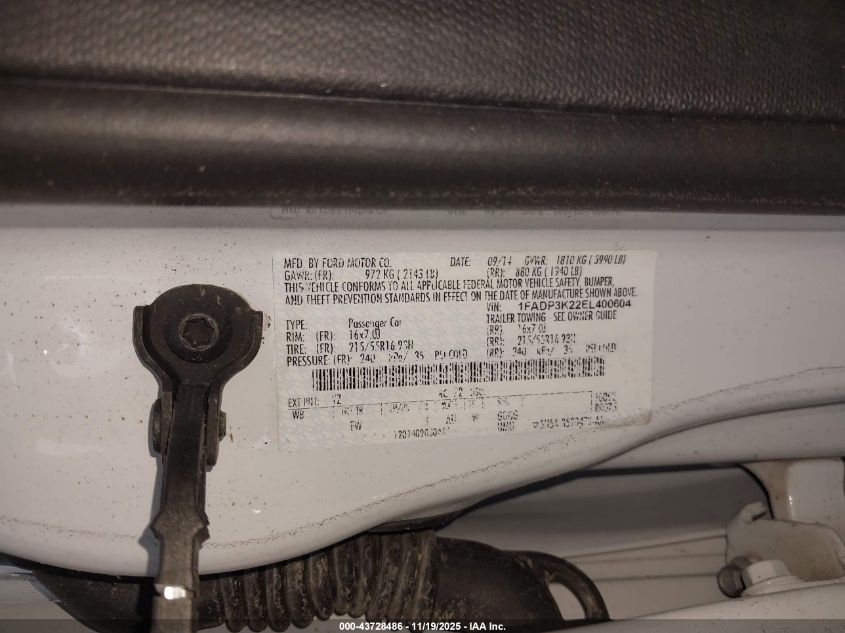 2014 Ford Focus Se VIN: 1FADP3K22EL400604 Lot: 43728486