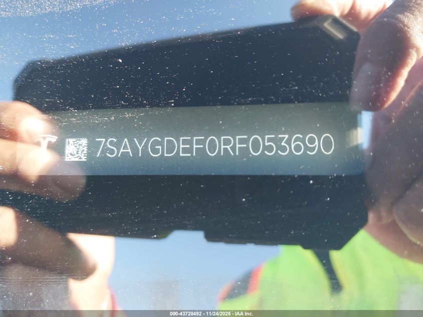 2024 Tesla Model Y Performance Dual Motor All-Wheel Drive VIN: 7SAYGDEF0RF053690 Lot: 43728492