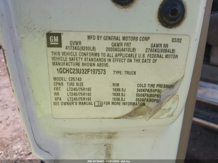 2002 Chevrolet Silverado 2500Hd Ls VIN: 1GCHC23U32F197573 Lot: 43728493