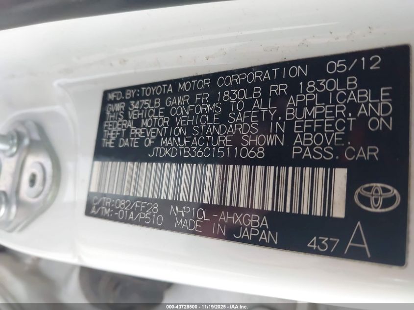 2012 Toyota Prius C Three VIN: JTDKDTB36C1511068 Lot: 43728500