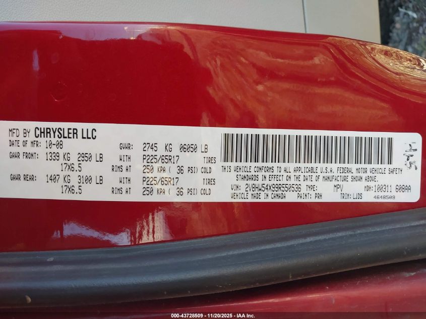 2009 Volkswagen Routan Sel VIN: 2V8HW54X99R550536 Lot: 43728509