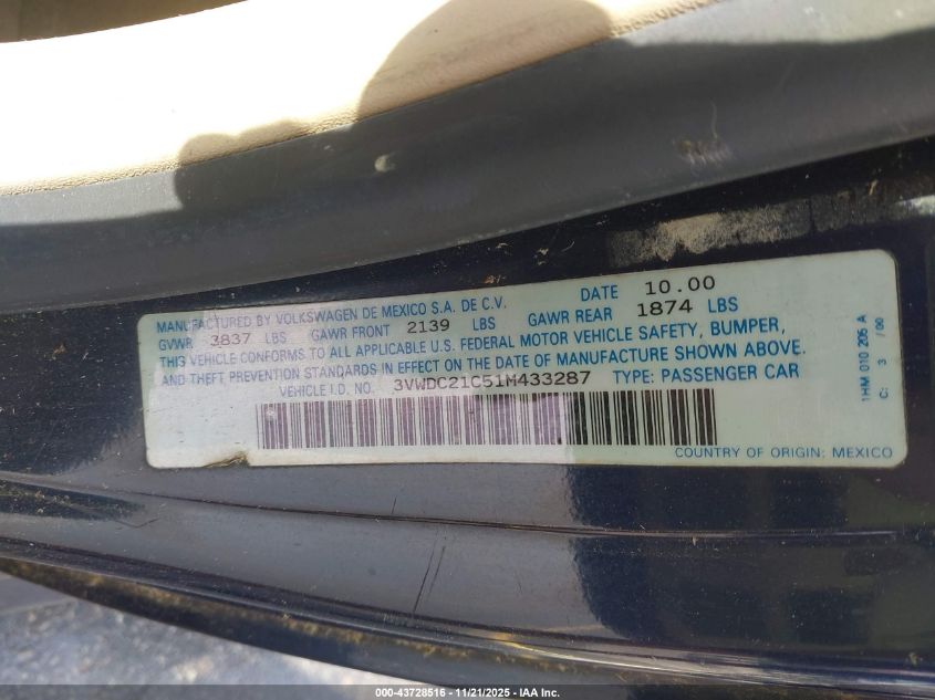 2001 Volkswagen New Beetle Glx VIN: 3VWDC21C51M433287 Lot: 43728516