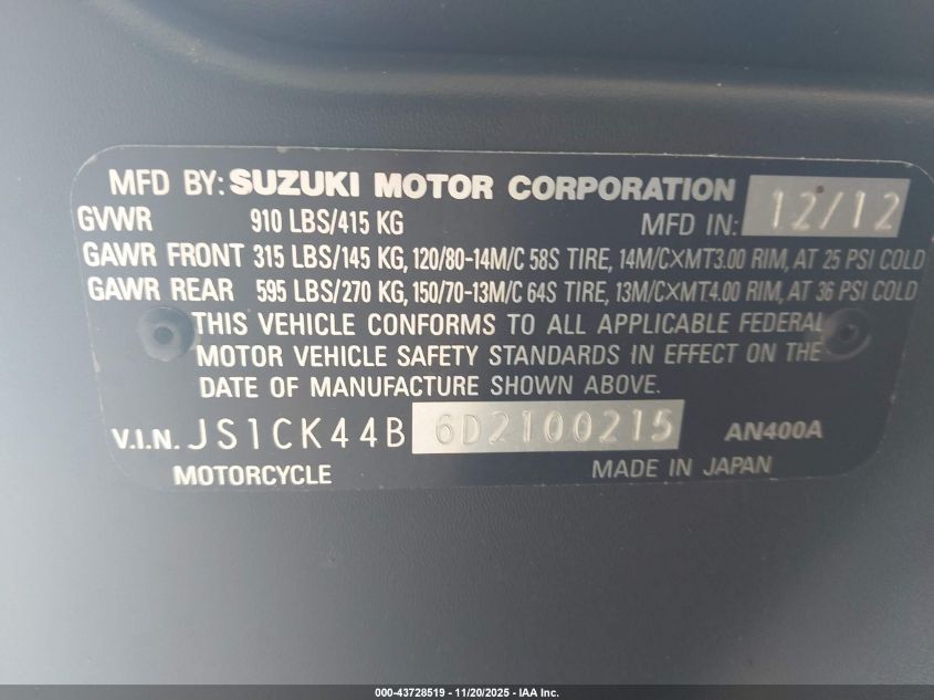 2013 Suzuki An400 A VIN: JS1CK44B6D2100215 Lot: 43728519