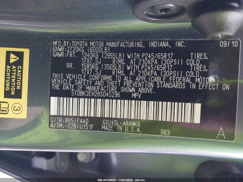 2011 Toyota Highlander Base V6 VIN: 5TDBK3EH2BS045296 Lot: 43728520