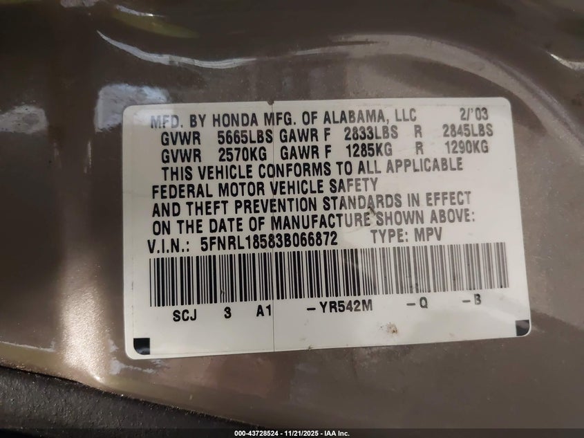 5FNRL18583B066872 2003 HONDA ODYSSEY photo no. 9