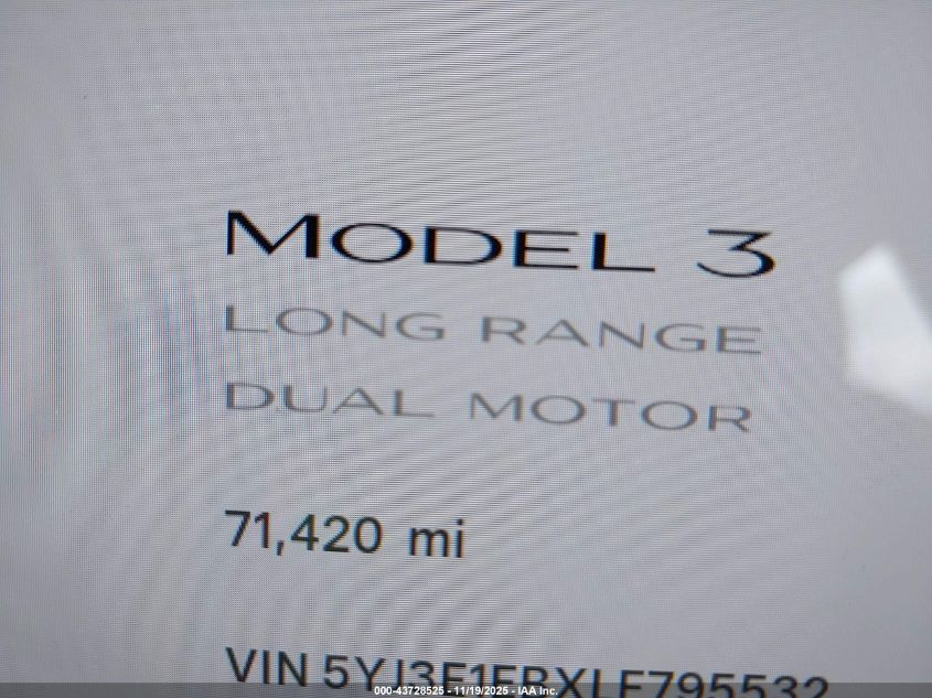2020 Tesla Model 3 Long Range Dual Motor All-Wheel Drive VIN: 5YJ3E1EBXLF795532 Lot: 43728525