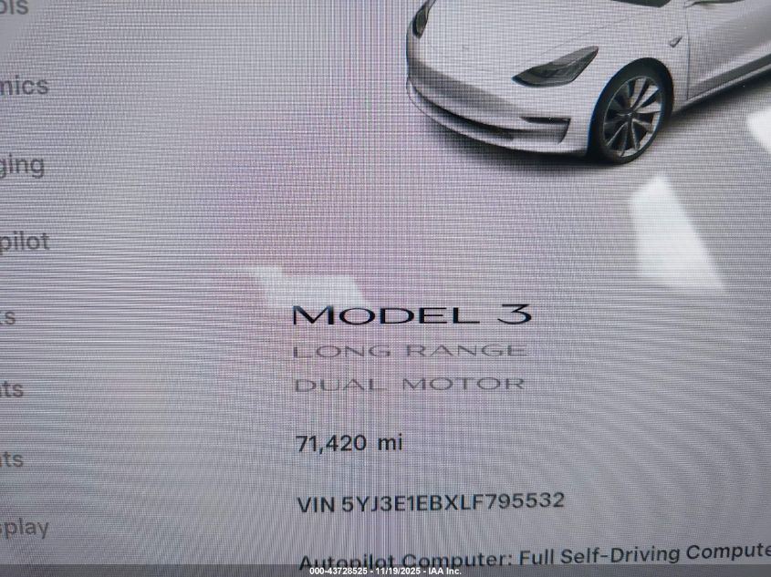 2020 Tesla Model 3 Long Range Dual Motor All-Wheel Drive VIN: 5YJ3E1EBXLF795532 Lot: 43728525