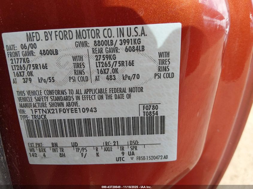 2000 Ford F-250 Lariat/Xl/Xlt VIN: 1FTNX21F0YEE10943 Lot: 43728549