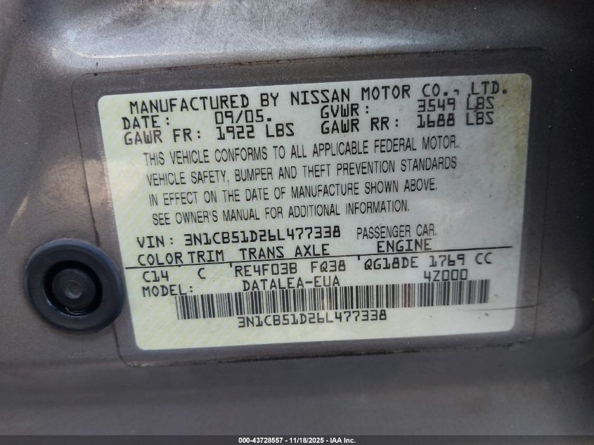 2006 Nissan Sentra 1.8S VIN: 3N1CB51D26L477338 Lot: 43728557