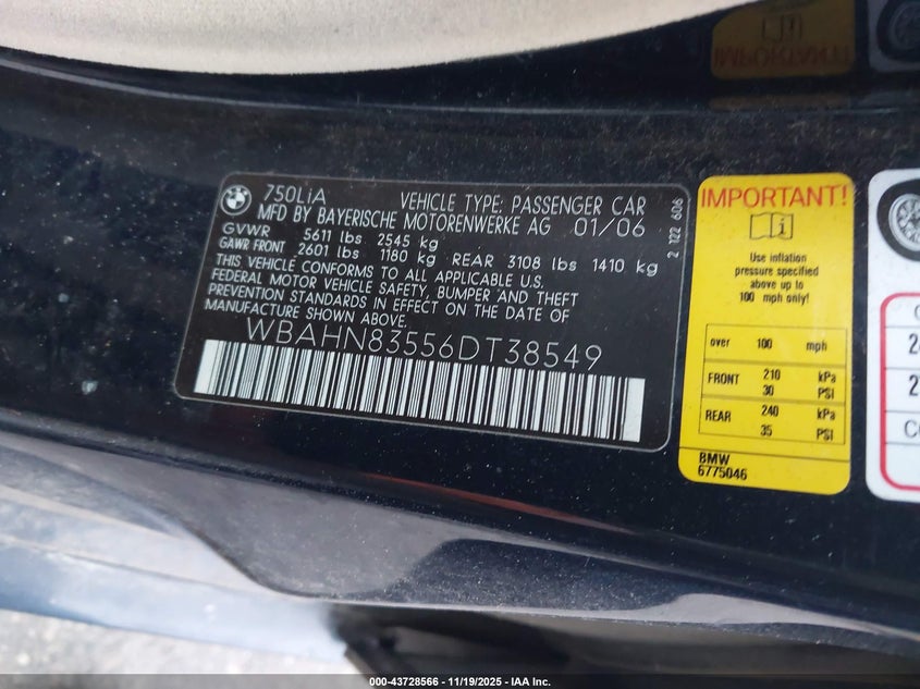 2006 BMW 750Li VIN: WBAHN83556DT38549 Lot: 43728566
