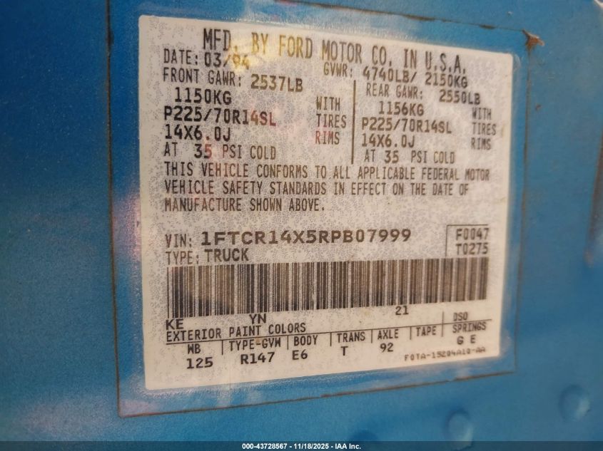 1994 Ford Ranger Super Cab VIN: 1FTCR14X5RPB07999 Lot: 43728567