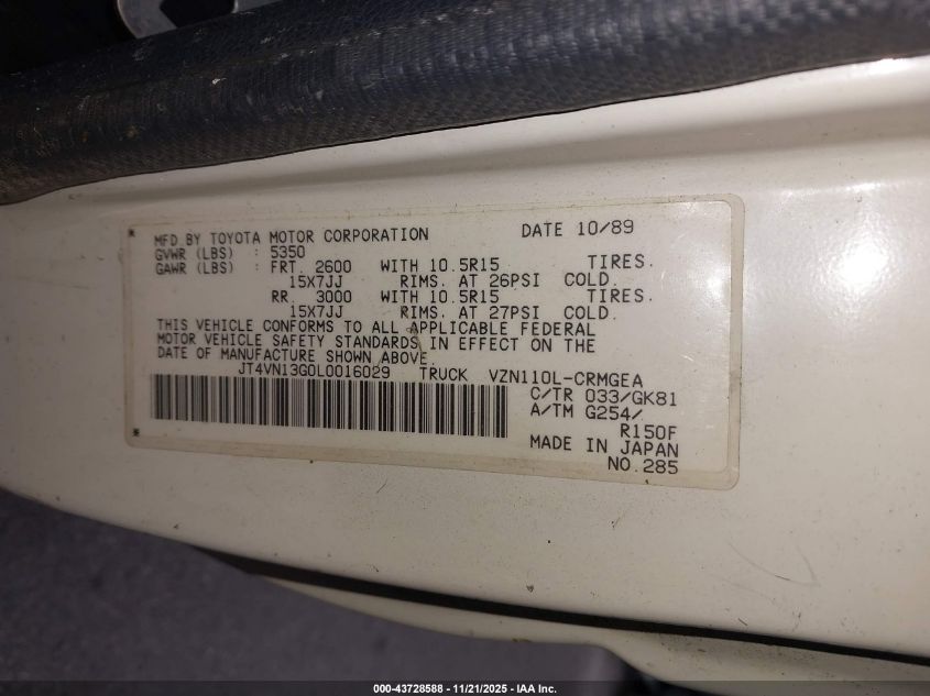 1990 Toyota Pickup 1/2 Ton Ex Long Whlbs Sr5 VIN: JT4VN13G0L0016029 Lot: 43728588